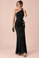 Robe longue satinée noire à une épaule et dos nu
