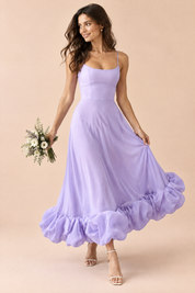 Robe midi lilas évasée à bas volanté | Vue en mouvement | Lounelle Paris
