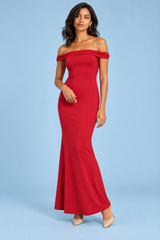 Robe longue rouge moulante asymétrique à épaules dénudées et détail torsadé