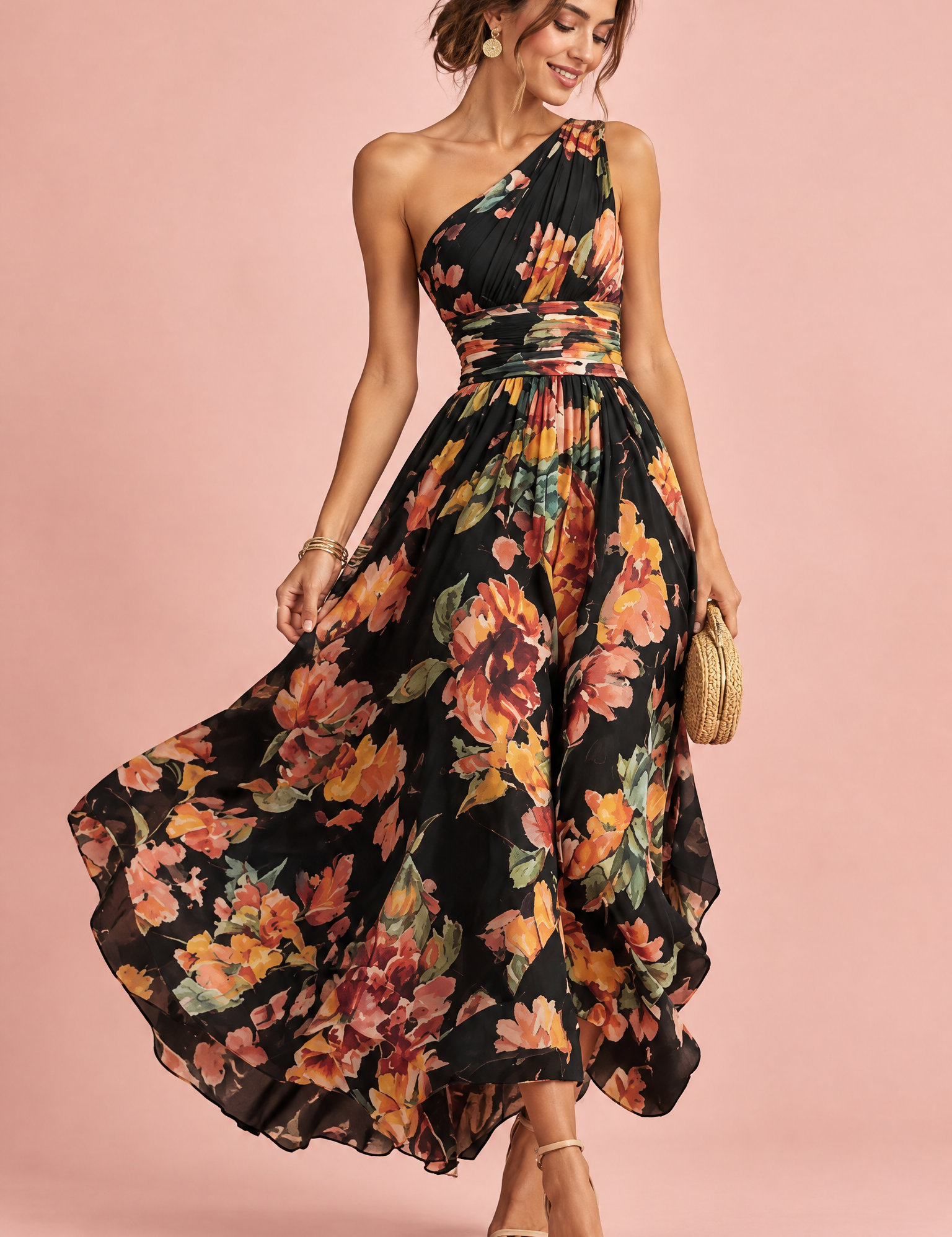 Robe noire fleurie à une épaule | Vue de face | Lounelle Paris
