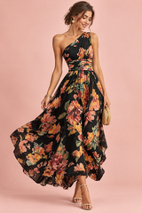Robe noire fleurie à une épaule