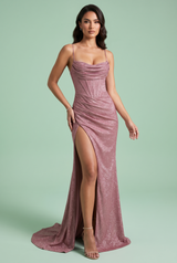 Robe longue rose scintillante à fente