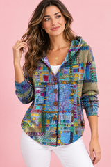 Gilet bleu à capuche boutonné