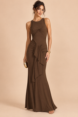 Robe longue marron drapée à découpe