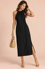 Robe midi noire plissée sans manches à fente
