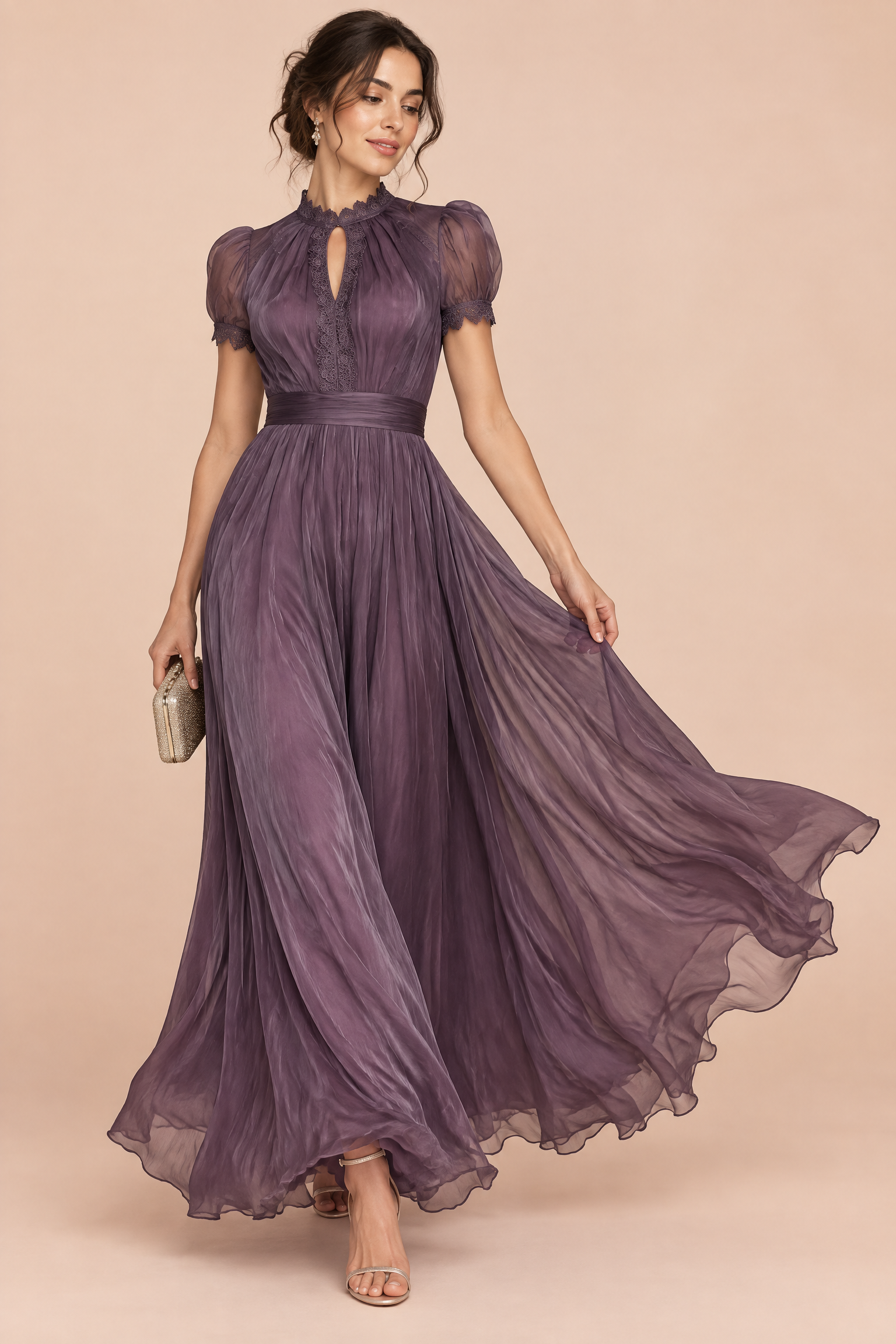 Robe longue violette à volants | Vue de face | Lounelle Paris
