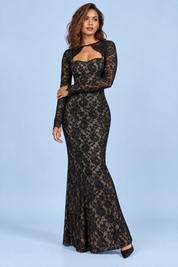 Robe longue noire en dentelle à décolleté cœur | Vue de face | Lounelle Paris