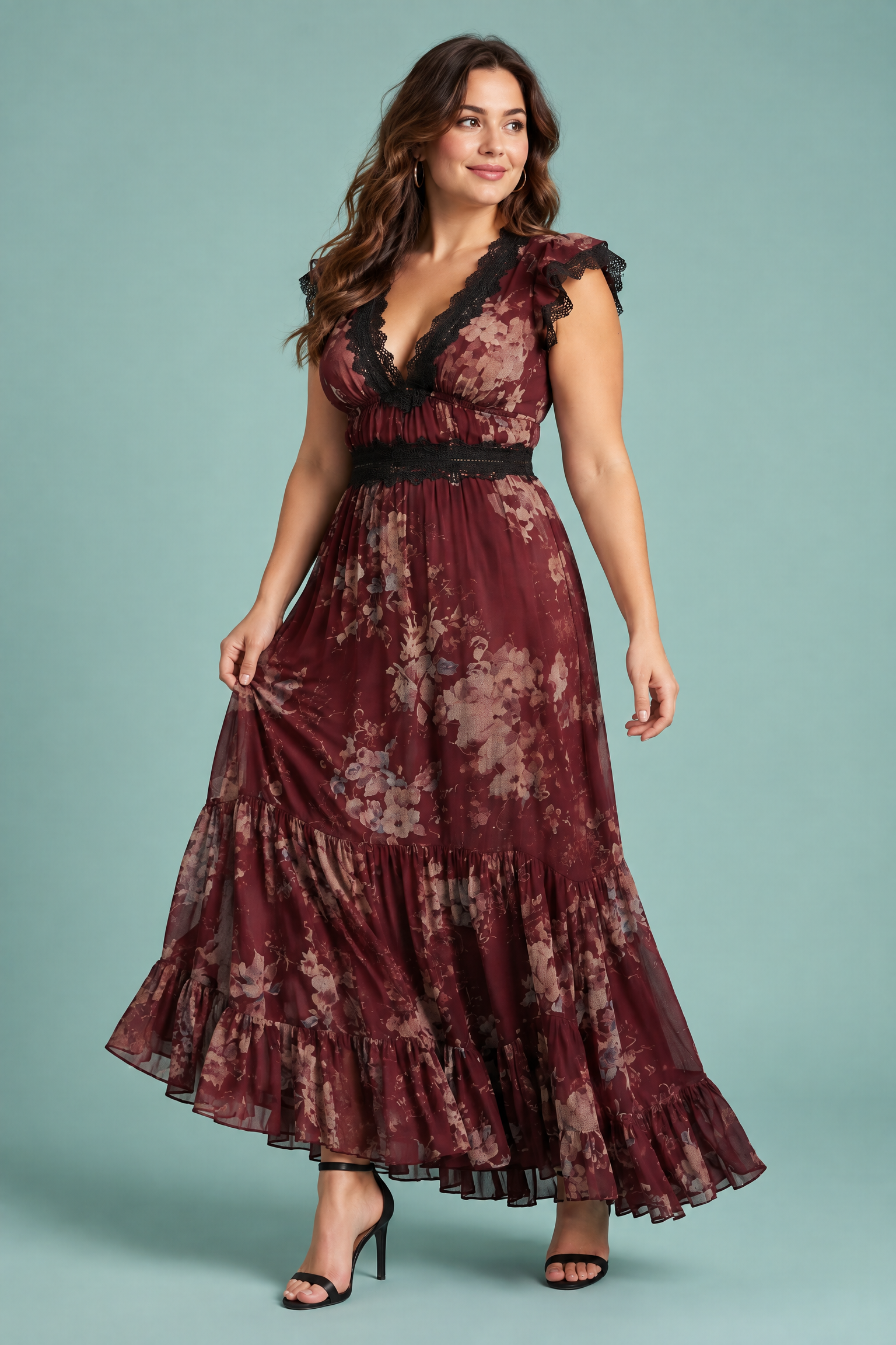 Robe longue fleurie rouge à col V et volants | Porté sur une autre silhouette | Lounelle Paris
