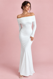 Robe longue blanche asymétrique à fronces et drapé | Vue de face | Lounelle Paris