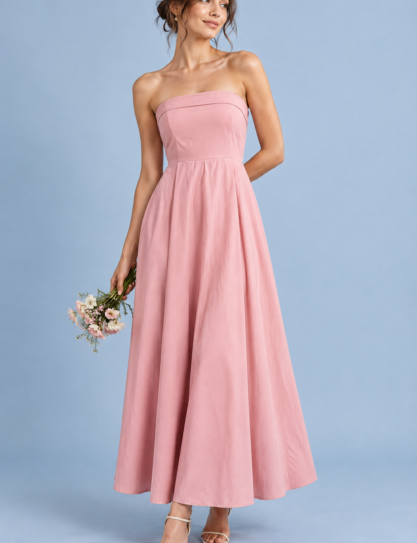 Robe midi évasée bustier — rose clair | Vue de face | Lounelle Paris