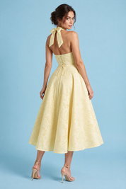 Robe midi jacquard à encolure dos nu jaune | Vue de dos | Lounelle Paris