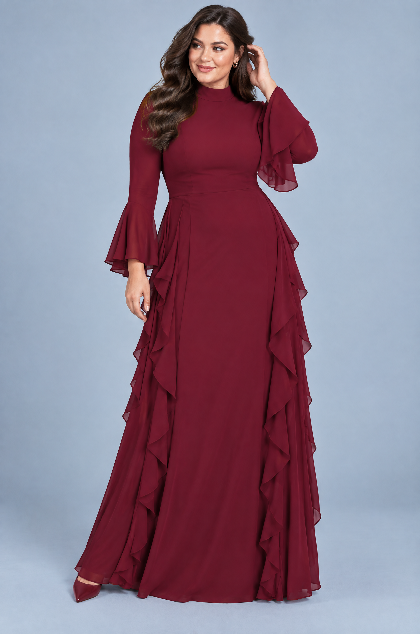 Robe longue bordeaux à volants et manches cloche | Porté sur une autre silhouette | Lounelle Paris