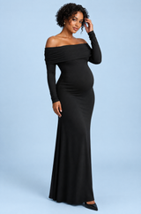 Robe longue de grossesse noire en résille froncée à col Bardot
