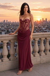 Robe longue bustier à corsage corset bordeaux | Deuxième photo lifestyle | Lounelle Paris