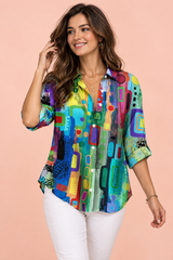 Chemise longue fleurie verte à col