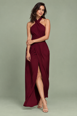 Robe longue bordeaux fendue à col américain
