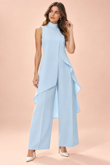 Ensemble pantalon bleu fluide avec top sans manches à col montant