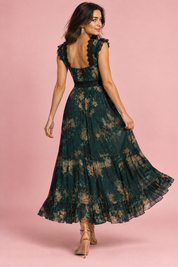 Robe longue fleurie vert foncé à col V et volants | Vue de dos | Lounelle Paris
