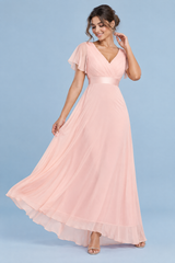 Robe longue plissée rose à col V