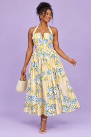 Robe longue jaune dos nu à rayures et motifs floraux | Vue de face | Lounelle Paris