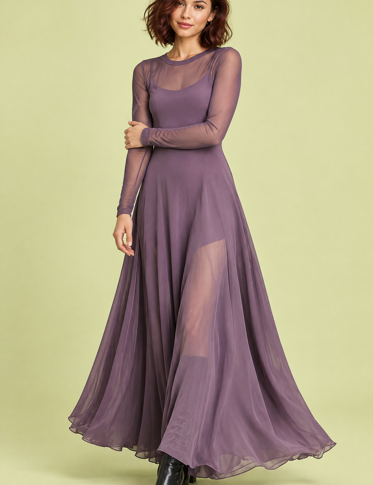 Robe longue violette à empiècements en mesh | Vue de face | Lounelle Paris
