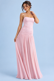 Robe longue rose à encolure carrée et fronces | Vue de face | Lounelle Paris