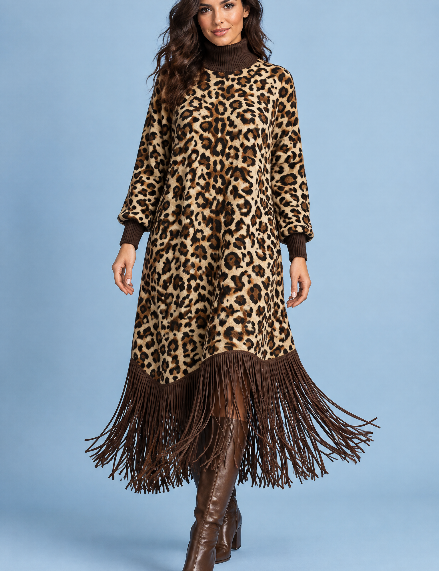 Robe longue imprimée léopard à franges | Vue de face | Lounelle Paris