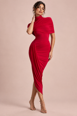 Robe midi asymétrique rouge à cape torsadée