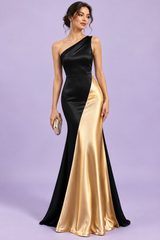 Robe longue noire et dorée à une épaule