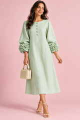 Robe midi vert menthe coupe trapèze à manches bouffantes