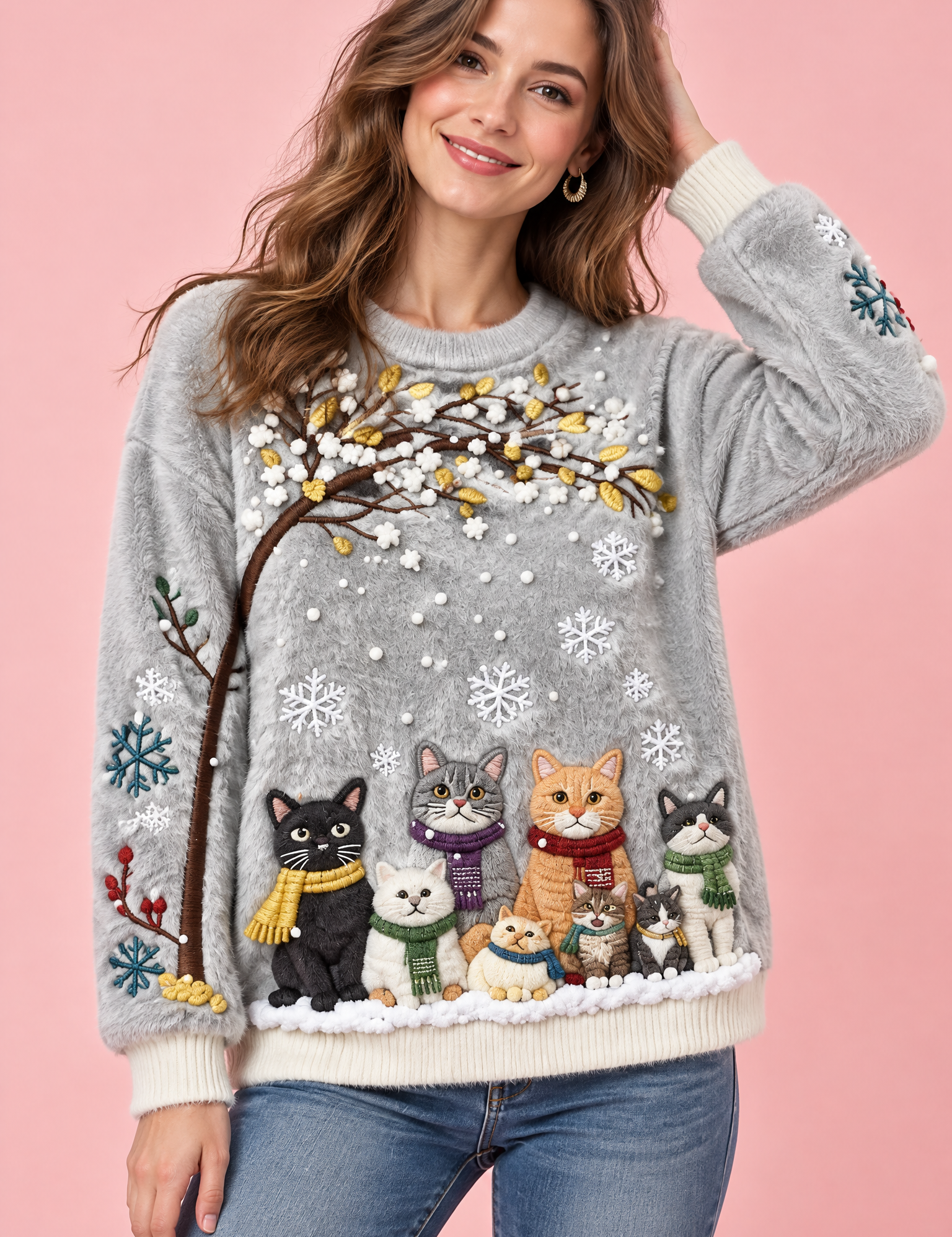Pull oversize gris à motif chat | Vue de face | Lounelle Paris