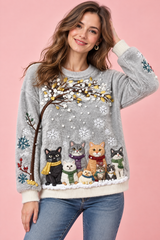 Pull oversize gris à motif chat