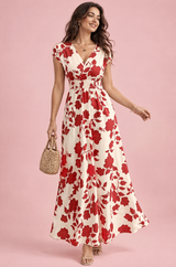 Robe longue écrue à fleurs et taille smockée