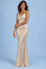 Robe longue beige à coupe en biais et décolleté drapé