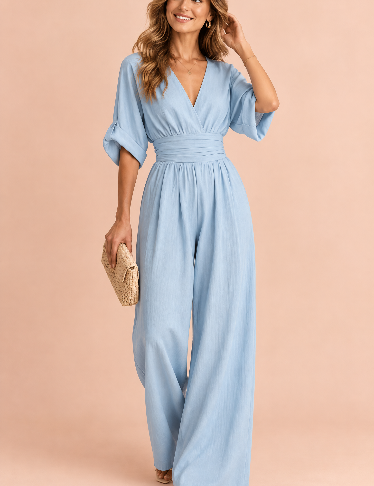 Combinaison pantalon bleu clair à col V et jambes larges | Vue de face | Lounelle Paris