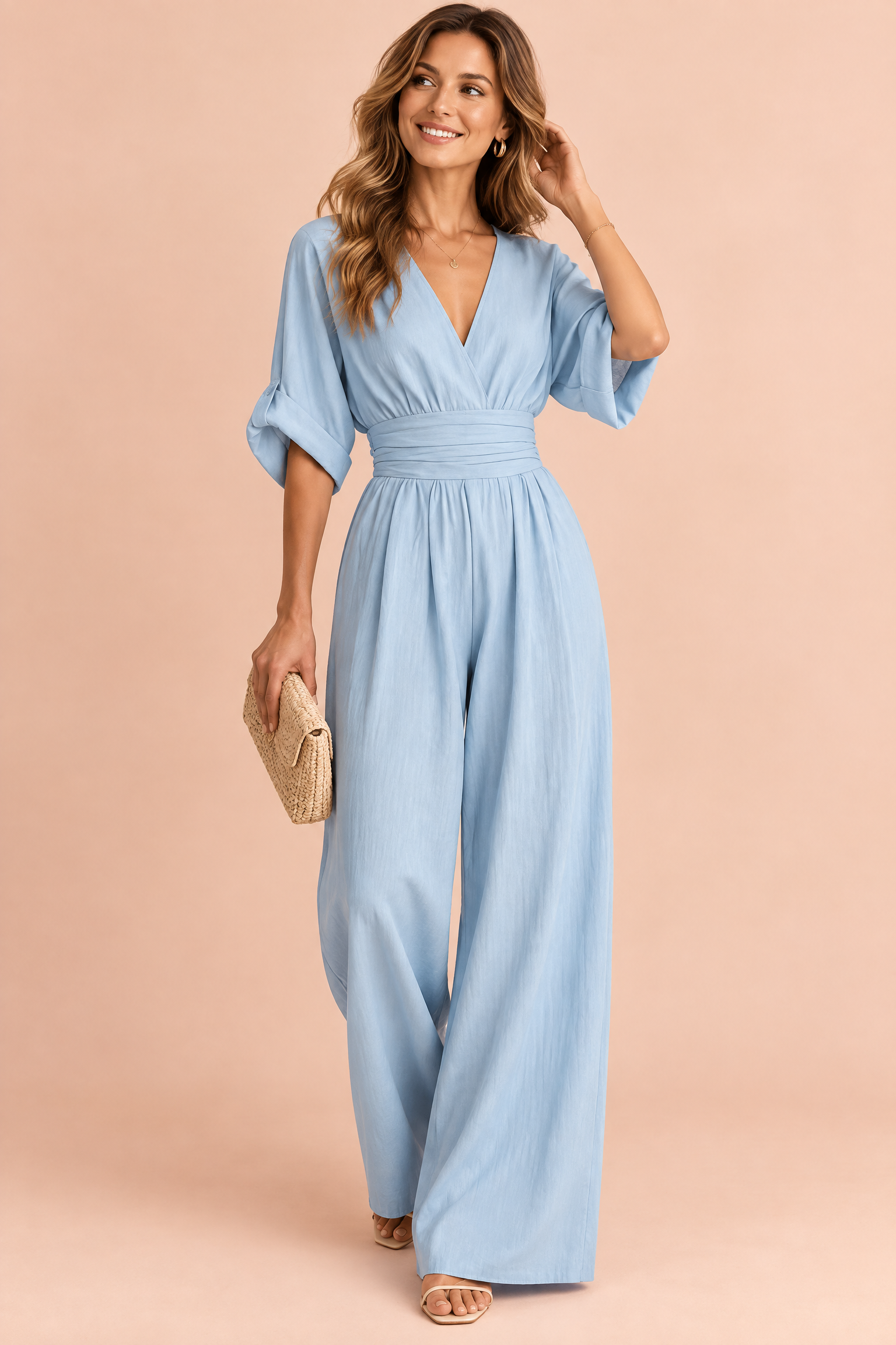 Combinaison pantalon bleu clair à col V et jambes larges | Vue de face | Lounelle Paris