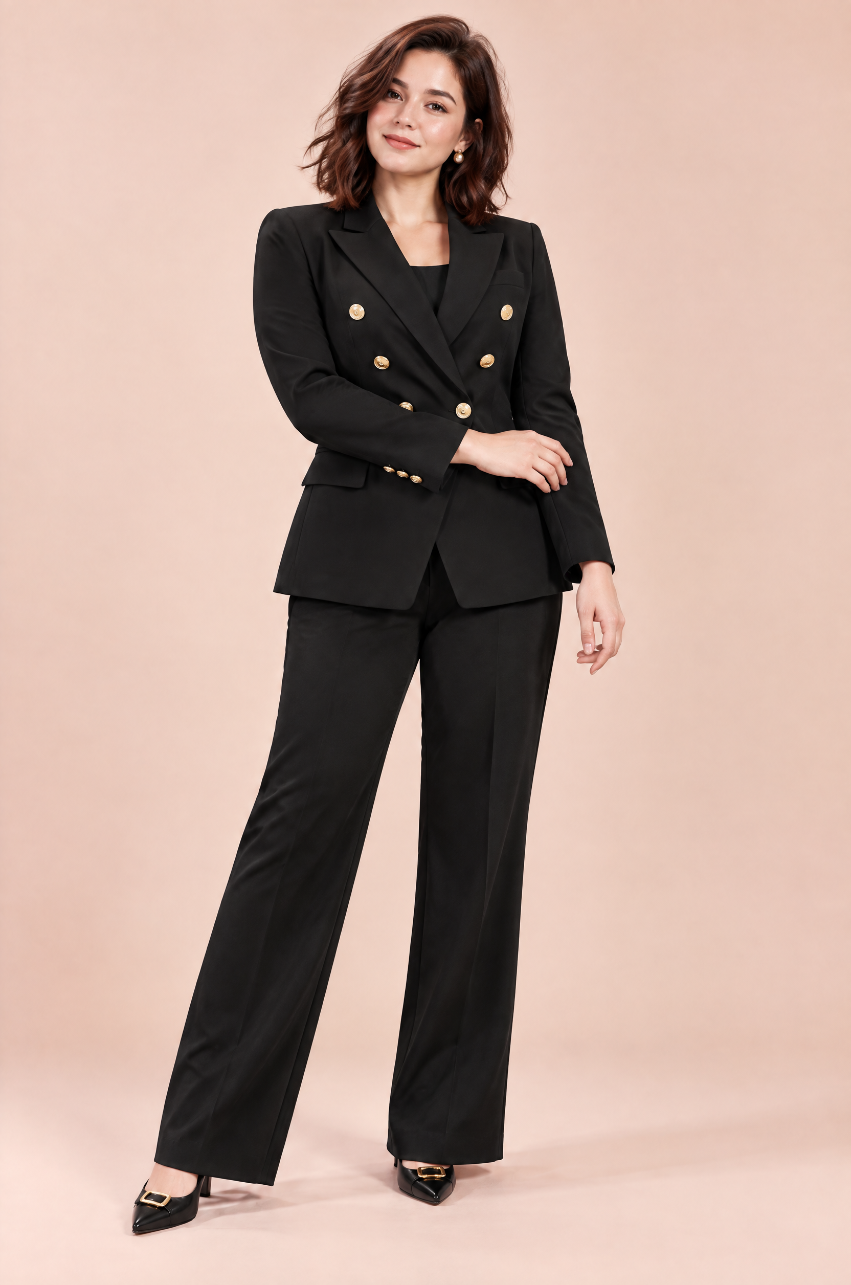 Tailleur-pantalon croisé noir | Porté sur une silhouette plus ronde | Lounelle Paris