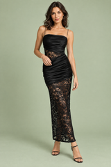 Robe longue noire bustier froncée en dentelle et satin, dos nu