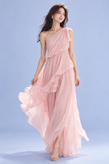 Robe rose clair asymétrique à volants