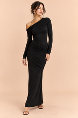 Robe longue noire à une épaule, manches longues et fronces