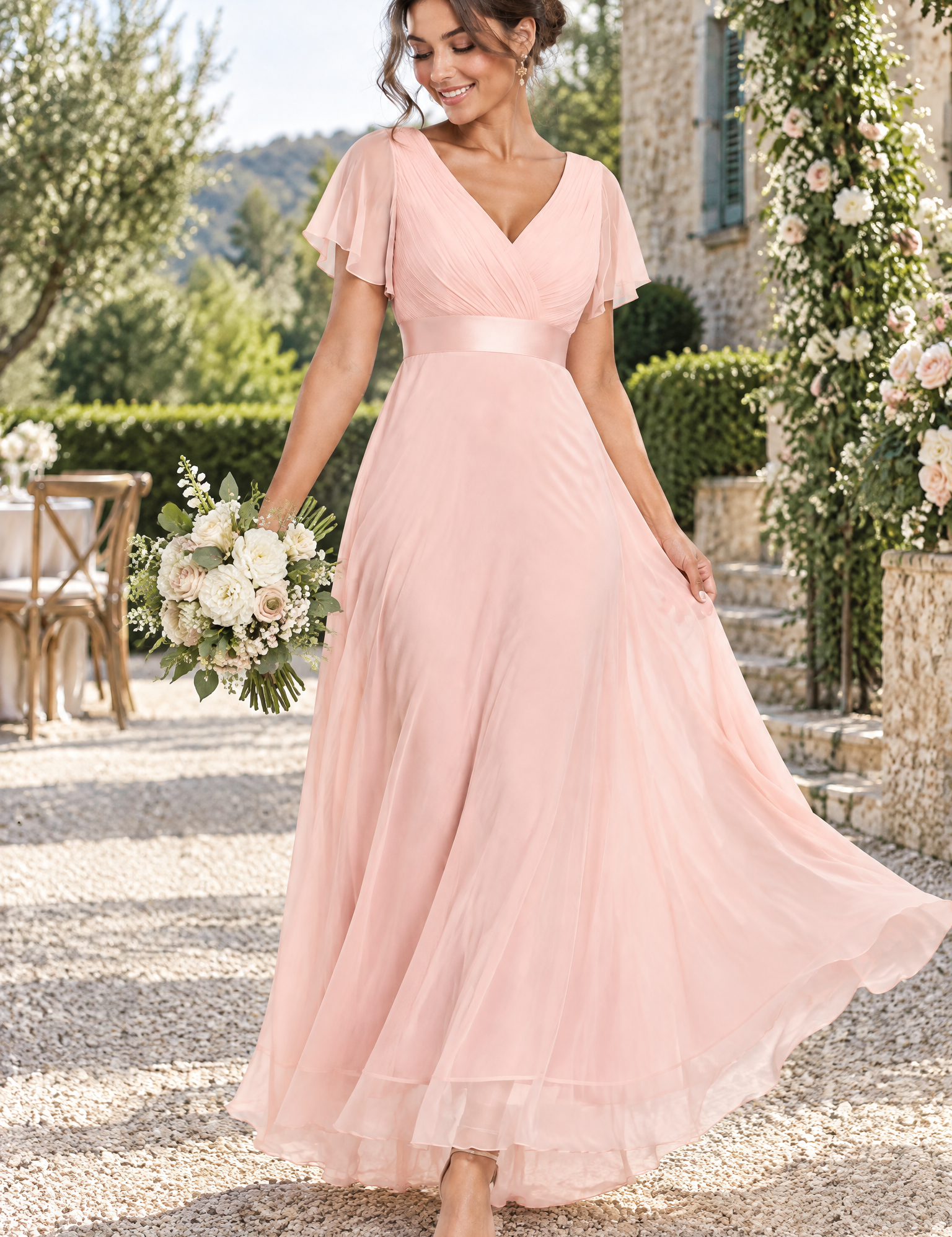 Robe longue plissée rose à col V | Photo lifestyle | Lounelle Paris