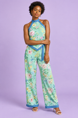 Combishort asymétrique vert menthe à imprimé floral et encolure dos nu