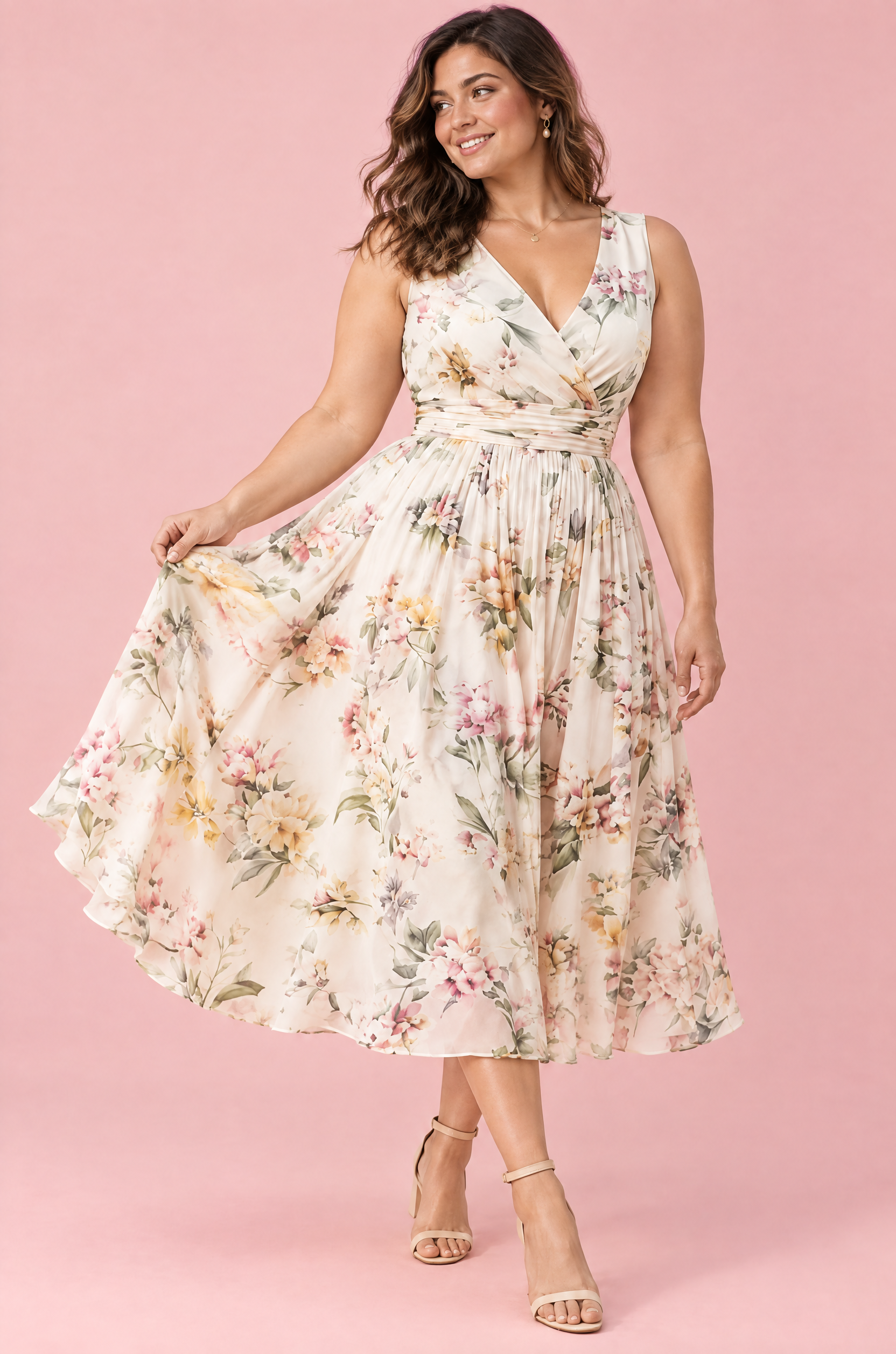 Robe midi verte à imprimé de bouquets floraux, col carré et coupe trapèze | Porté sur une silhouette plus ronde | Lounelle Paris