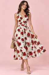 Robe midi rouge à imprimé de bouquets floraux, col carré et coupe trapèze
