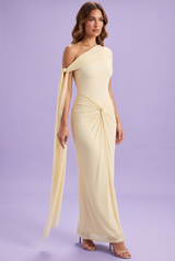 Robe longue moulante froncée asymétrique jaune