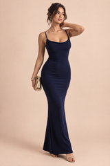Robe longue bleu marine dos nu à col bénitier