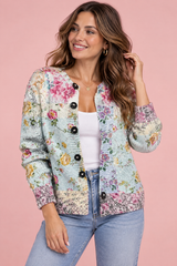 Cardigan fleuri boutonné bleu