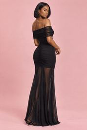 Robe longue noire froncée à épaules dénudées | Vue de dos | Lounelle Paris