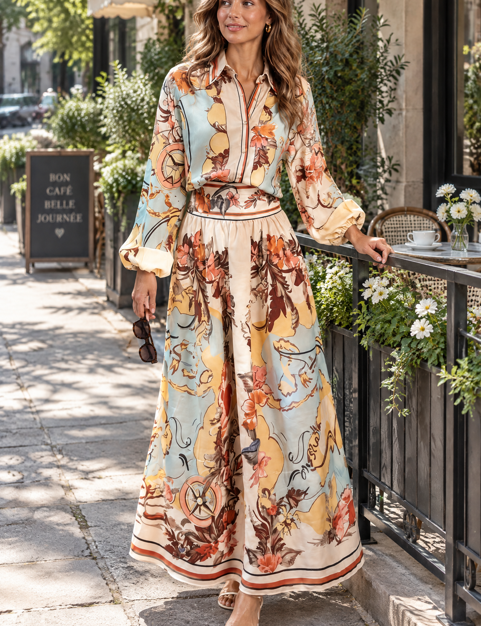 Ensemble chemise et jupe imprimé multicolore | Photo lifestyle | Lounelle Paris