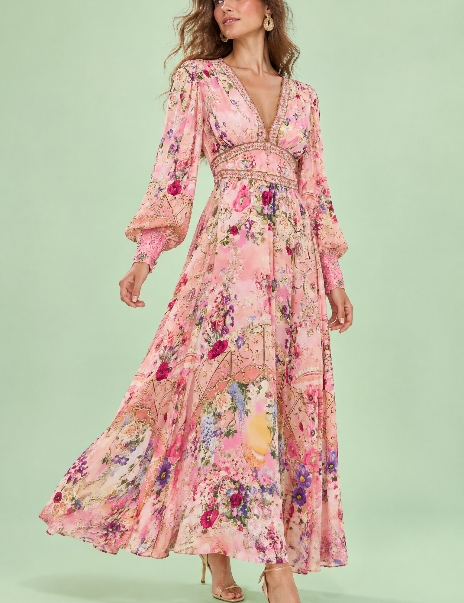 Robe longue rose à col V et manches bouffantes | Vue de face | Lounelle Paris